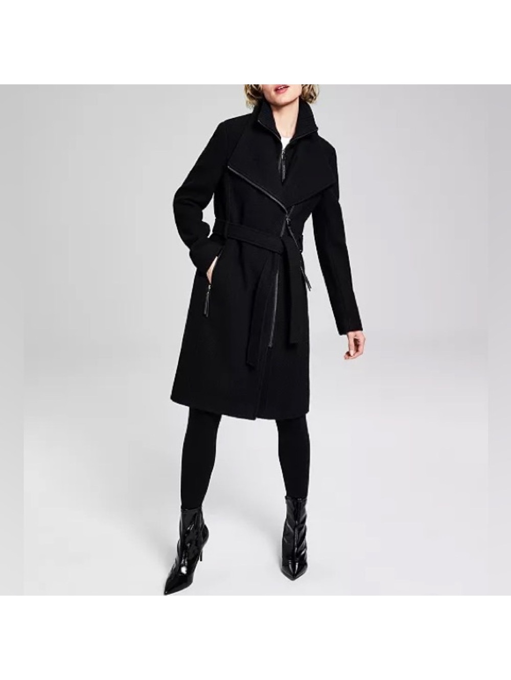 Calvin Klein Black Bib Belted Wool Blend Wrap Coat, Size L, New w/Tag $400